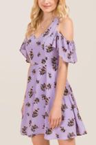 Alya Dot Cold Shoulder Floral A-line Dress - Lavender