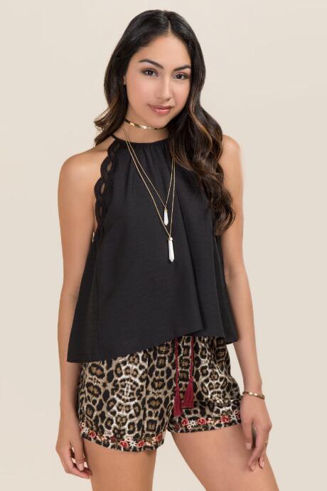 Blue Rain Isha High Neck Lace Trim Tank - Black