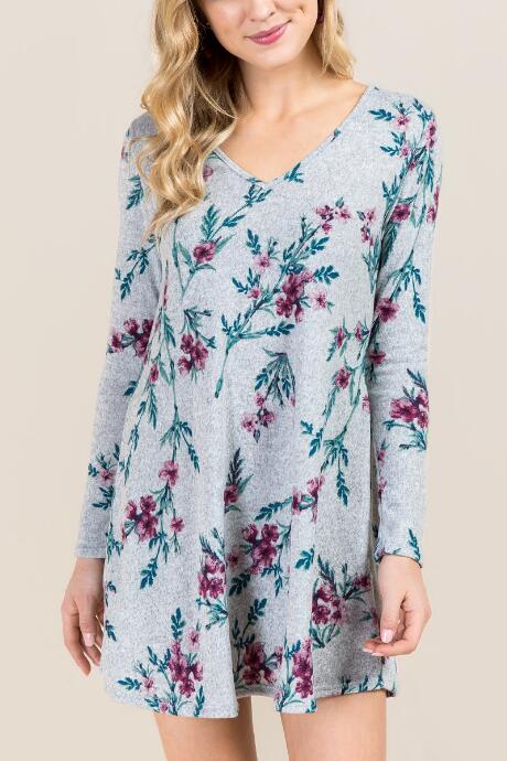Francesca's Karlee V Neck Hacci Floral Dress - Gray