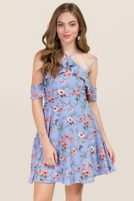 Mi Ami Pearla Floral Ruffle Dress - Oxford Blue