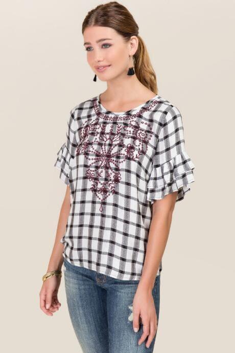 Blue Rain Camila Embroidered Ruffle Sleeve Plaid Top - Ivory