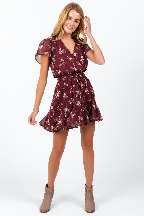 Francesca's Cai Floral Godet Dress - Burgundy