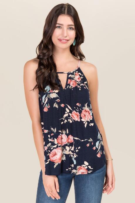 Alya Mylene High Neck Floral Knit Tank - Navy