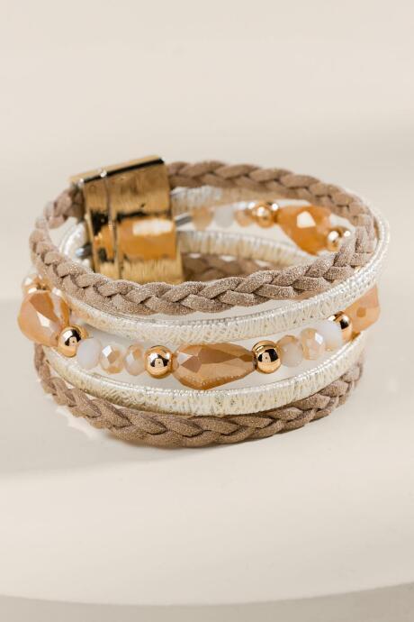 Francesca's Cara Leather Beaded Wrap Bracelet - Taupe