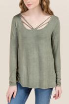 Francesca's Becky Long Sleeve Mineral Wash Strappy Top - Dark Olive