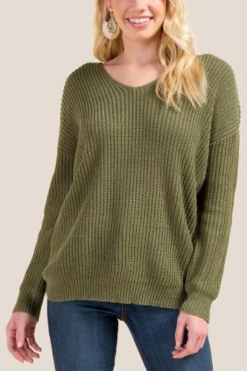 Francesca's Karly Open Back Sweater - Deep Moss