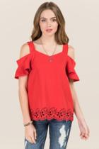 Francesca's Dulcie Sweetheart Laser Cut Cold Shoulder Blouse - Red