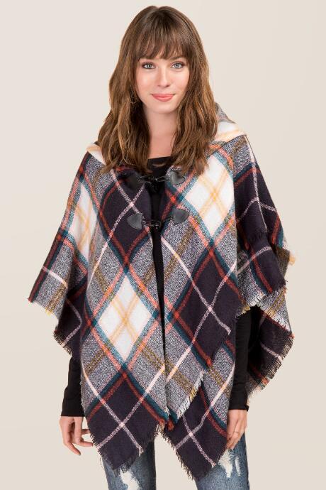 Francesca's Aviva Plaid Toggle Ruana - Navy