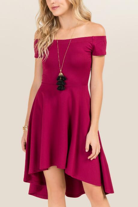 Alya Barbie Off Shoulder Hi Low Dress - Burgundy