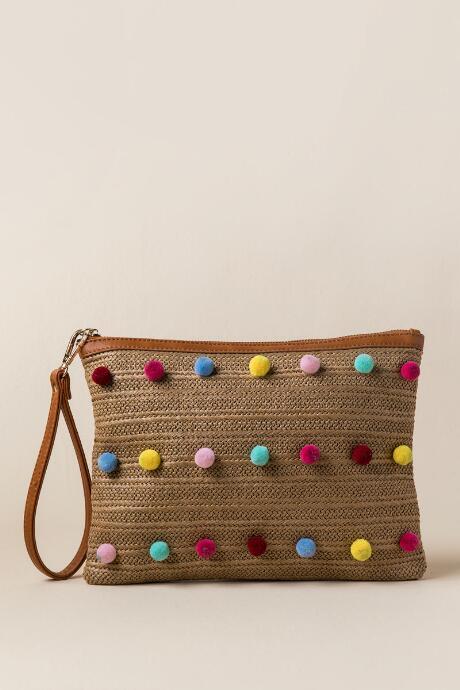 Francesca's Valerie Straw Pom Pom Wristlet Clutch - Tan