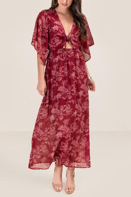 Francesca's Cassandra Floral Tie Front Maxi Dress - Brick