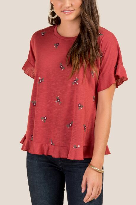 Francesca's Rosabeth Floral Ruffle Trim Top - Brick