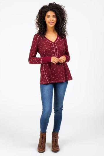 Francesca's Carroll Button Henley Top - Wine