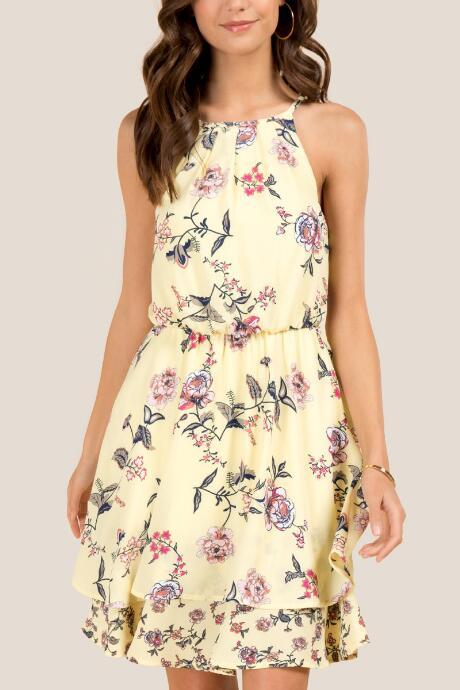 Francesca's Betsy Gather Floral Twin Print A-line Dress - Lemonade