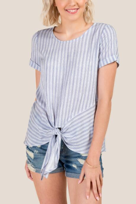 Francesca's Miah Striped Front Tie Top - Chambray