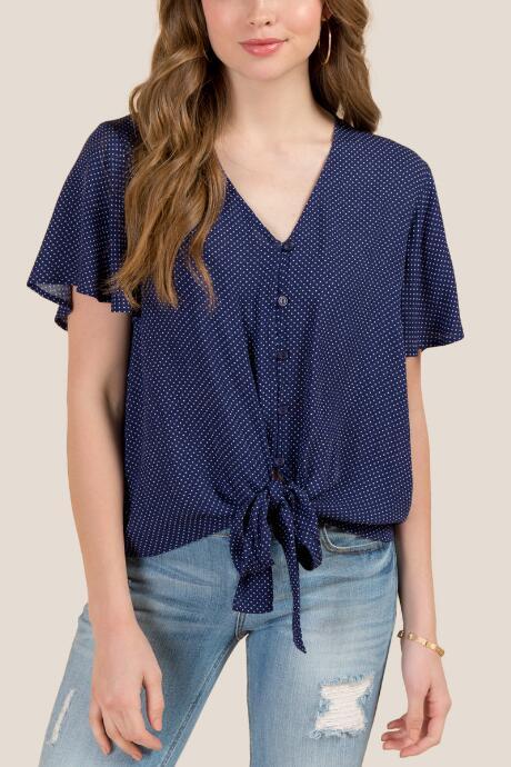 Francesca Inchess Catiana Button Front Knot Polka Dot Blouse - Navy