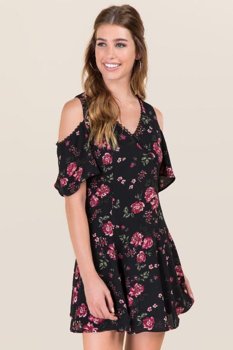 Blue Rain Brandi Cold Shoulder Floral Shift Dress - Black
