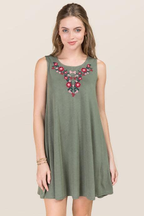 Alya Brennan Embroidered Cupro Shift Dress - Dark Olive
