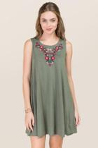 Alya Brennan Embroidered Cupro Shift Dress - Dark Olive