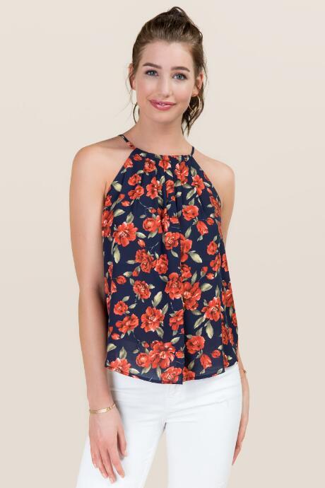 Francesca's Nazia High Neck Pleated Floral Tank - Navy