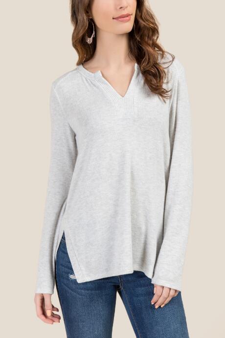 Francesca's Cassandra Ribbed Side V Neck Top - Heather Gray