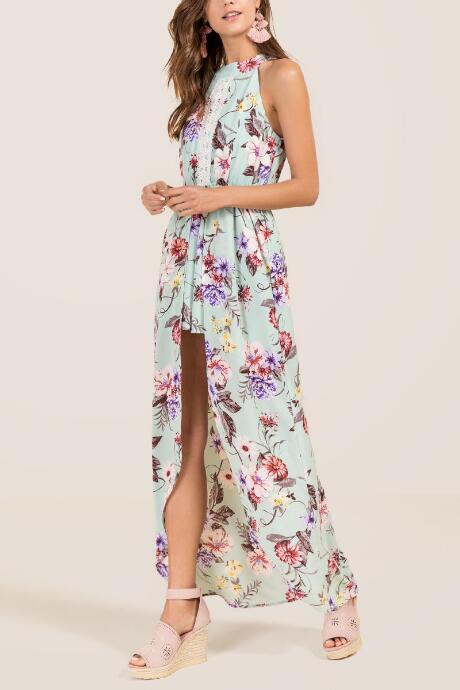 Francesca's Aubree Floral Crochet Trim Maxi Romper - Mint