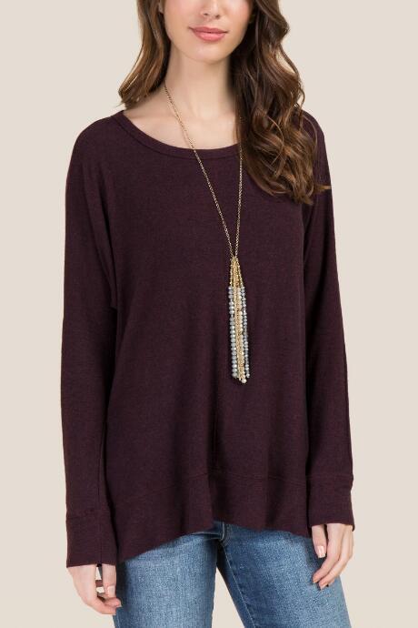 Francesca's Sandrine Side Slit Jersey Top - Burgundy