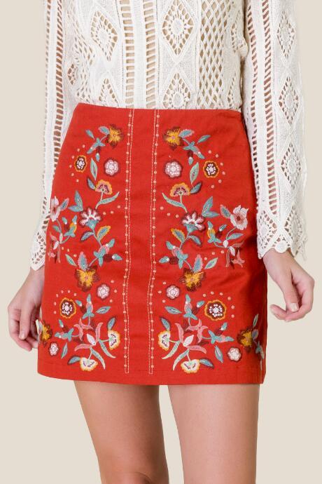 Francesca's Karessa Embroidered Mini Skirt - Cinnamon