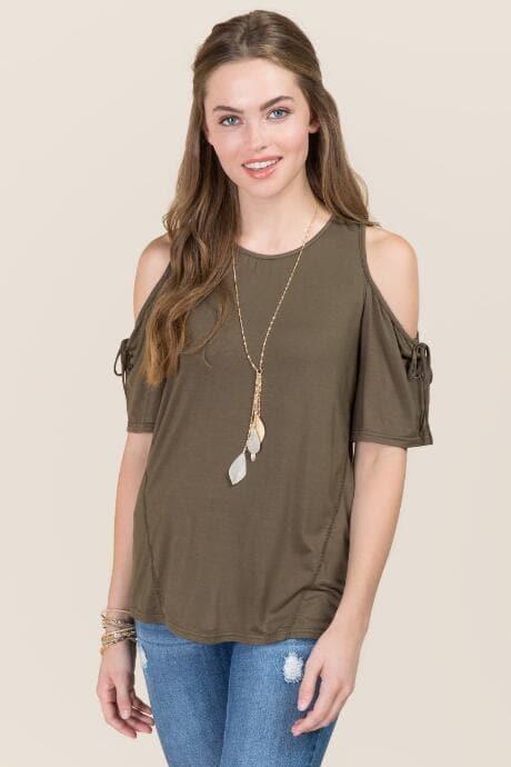 Alya Chantelle Lattice Sleeve Cold Shoulder Cupro Top - Dark Olive