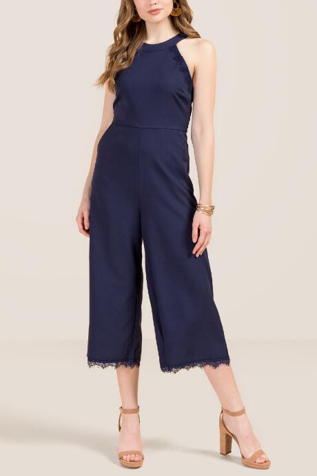 Francesca's Jessica Hi-neck Lace Trim Culotte Jumpsuit - Navy