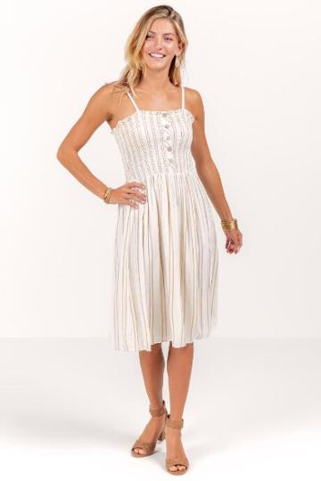 Star Of India Fashions Kelly Smocked Stripe Dress - Ivory