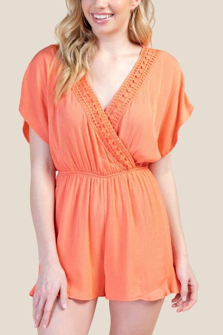 Francesca's Heidi Crochet Trim Romper - Living Coral