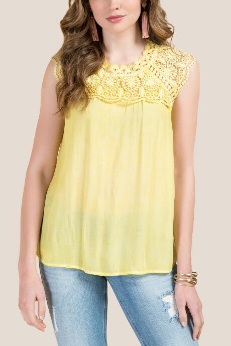 Francesca's Karen Crochet Mineral Wash Top - Lemonade