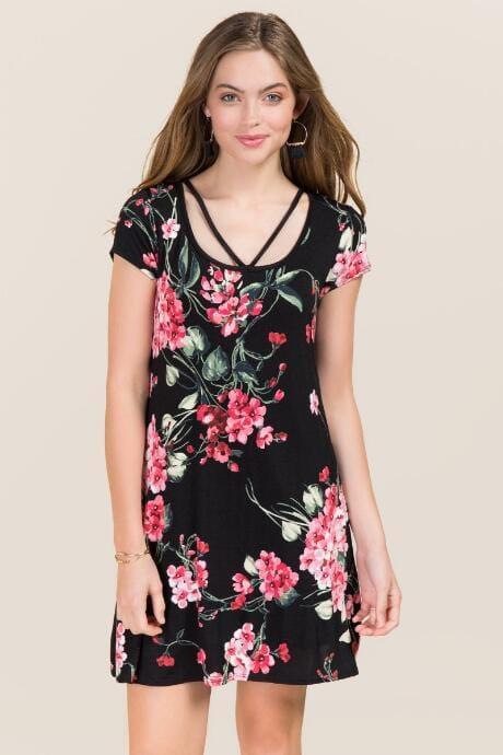 Alya Aleesa Y Neck Floral Shift Dress - Black