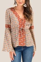 Francesca's Alexa Mixed Print Peasant Blouse - Brick