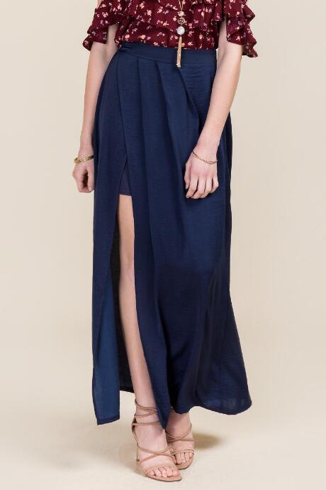 Blue Rain Liesl Crushed Satin Maxi Skirt - Navy