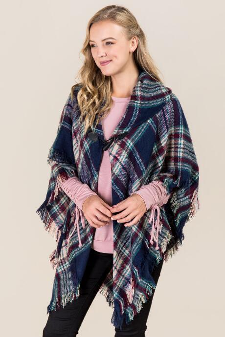 Francesca's Bey Navy Plaid Toggle Ruana - Navy