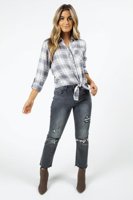 Francesca's Devon Plaid Button Down Top - Gray