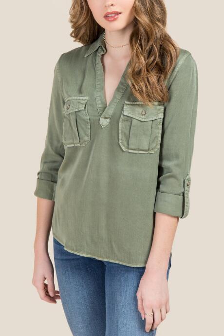 Francesca's Carrie V Neck Double Pocket Top - Dark Olive