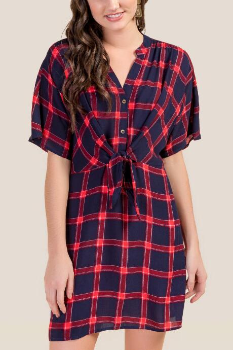 Francesca's Skye Tie Front Plaid Shirt Dress - Navy