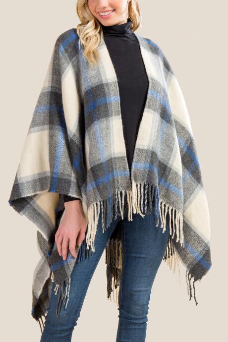 Francesca Inchess Vickie Plaid Fringe Ruana - Gray