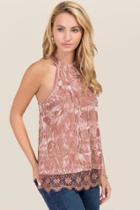Trixxi Tenley High Neck Velvet Lace Trim Tank - Mauve