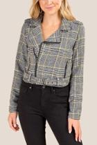Francesca's Keely Belted Plaid Moto Jacket - Gray
