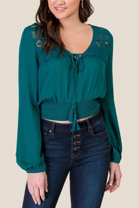 Francesca's Hayden Crochet Trim Blouse - Forest