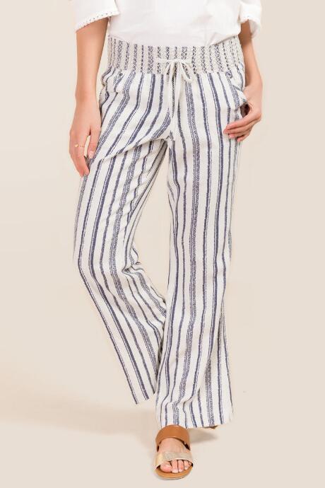 Blue Rain Pepper Smocked Waist Linen Striped Pant - Navy