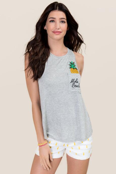 Alya Aloha Beaches Pineapple Graphic Tank - Heather Gray