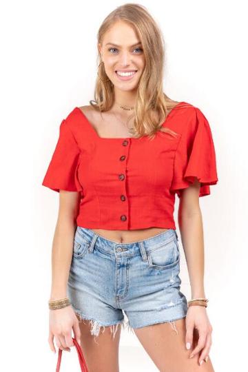 Francesca's Carina Button Front Linen Blouse - Red