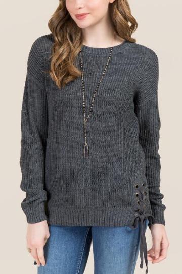 Alya Clara Lace Up Hem Pullover Sweater - Gray