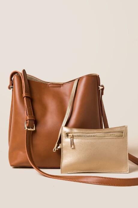 Francesca's Birdie Bucket Tote Bag With Pouch Insert - Cognac