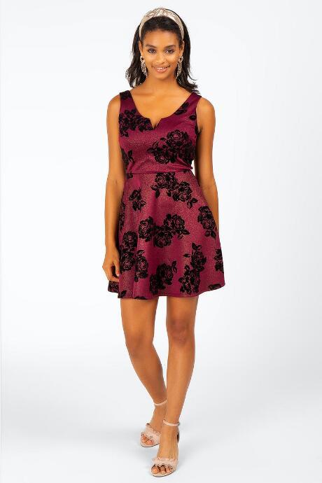 Francesca's Patrice Flocked Floral Dress - Wine